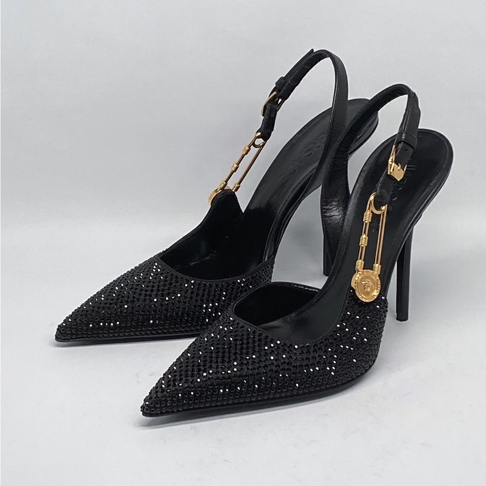 Versace  110MM Embellished Leather Slingback Pumps size 37.5